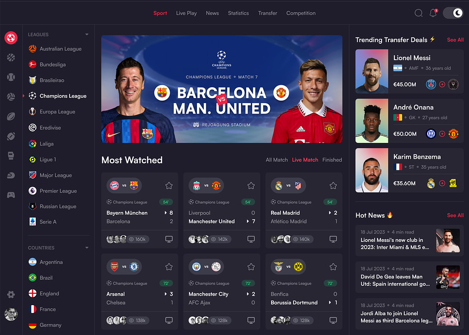 Fantasy Sports Platform Main Screen